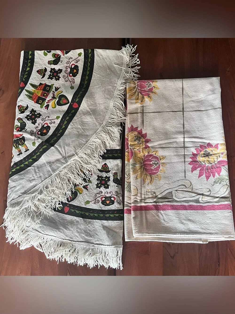 Set of 2 1950s tablecloths Pennsylvania PA Dutch Folk Art 56” Round & floral sq